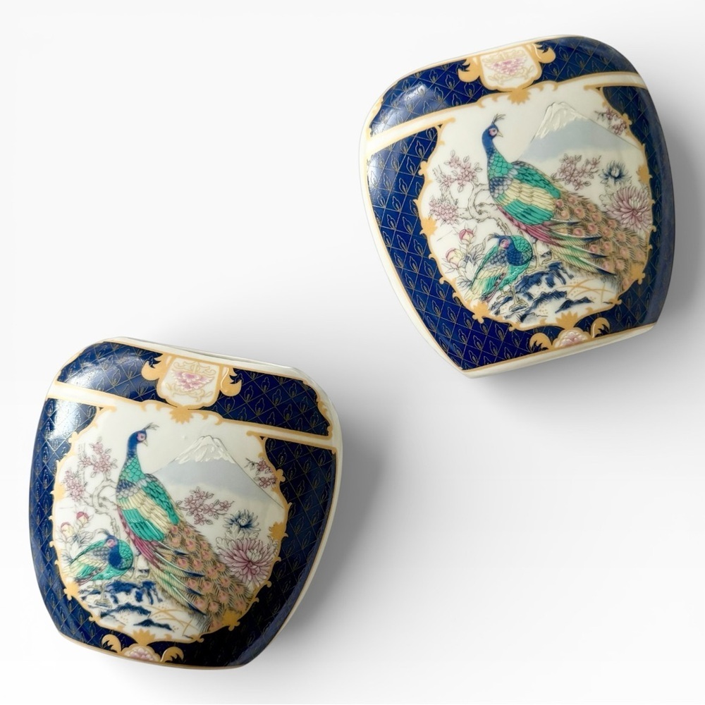 Vintage Japanese Peacock Fine China Vase Pair